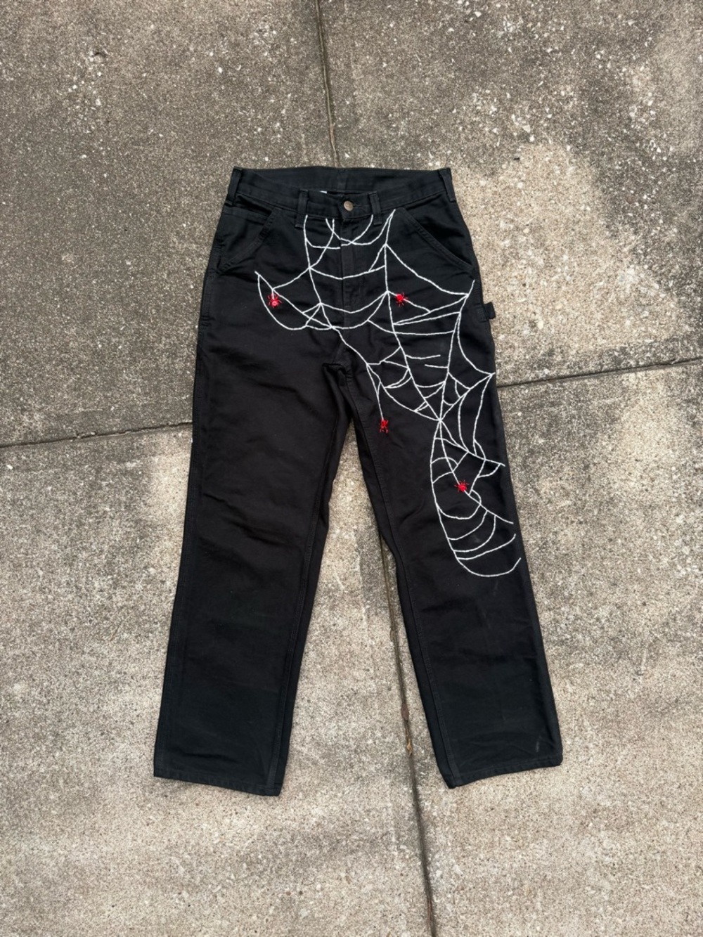 Custom Rework Carhartt Black Jeans -
Embroidered Spider Web